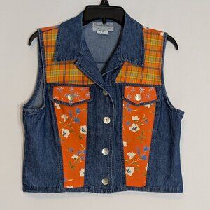 STONEBRIDGE Vintage Blue Denim & Floral Orange Sleeveless Button Vest; Size M
